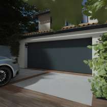 Porte de garage sectionnelle lisse en acier Gris 7016 vue depuis l'extérieur