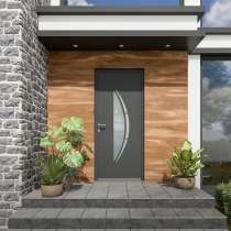 Porte d'entrée ALU gris 7016 1 vantail sur mesure avec partie vitrée vue depuis l'extérieur