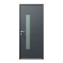 Porte d'entrée ALU gris 7016 1 vantail sur mesure avec partie vitrée et profils de décors