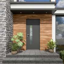 Porte d'entrée ALU gris 7016 1 vantail sur mesure avec partie vitrée et profils de décors vue depuis l'extérieur