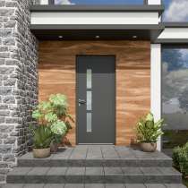 Porte d'entrée ALU gris 7016 1 vantail sur mesure avec 3 parties vitrées d'un coté vue depuis l'extérieur