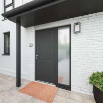 Porte d'entrée ALU gris 7016 1 vantail sur mesure avec moulures vue depuis l'extérieur
