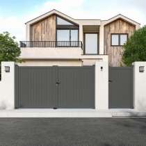 Portillon aluminium sur mesure avec lames verticales de 10 cm vue depuis l'extérieur
