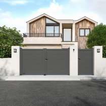 Portail aluminium battant sur mesure gris 7016 avec lames de 20cm vue depuis l'extérieur