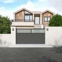 Portail aluminium coulissant sur mesure gris 7016 avec lames de 20cm et partie haute vitrée vue depuis l'extérieur