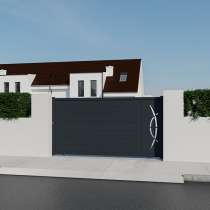 Portail aluminium coulissant sur mesure gris 7016 avec décor d'un coté vue depuis l'extérieur