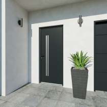 Porte d'entrée acier 1 vantail sur mesure gris 7016 avec 2 profils de décor vue depuis l'extérieur