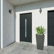 Porte d'entrée acier 1 vantail sur mesure gris 7016 avec une partie vitrée au centre vue depuis l'extérieur