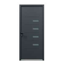 Porte d'entrée acier 1 vantail sur mesure gris 7016 avec parties vitrées et moulures