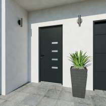 Porte d'entrée acier 1 vantail sur mesure gris 7016 avec parties vitrées et moulures vue depuis l'extérieur