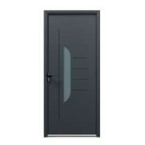 Porte d'entrée acier 1 vantail sur mesure gris 7016 avec une partie vitrée au centre et des moulures extérieures