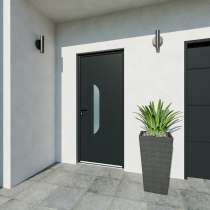 Porte d'entrée acier 1 vantail sur mesure gris 7016 avec une partie vitrée au centre et des moulures extérieures vue depuis l'extérieur