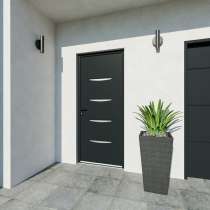 Porte d'entrée acier 1 vantail sur mesure gris 7016 avec moulures extérieures vue depuis l'extérieur