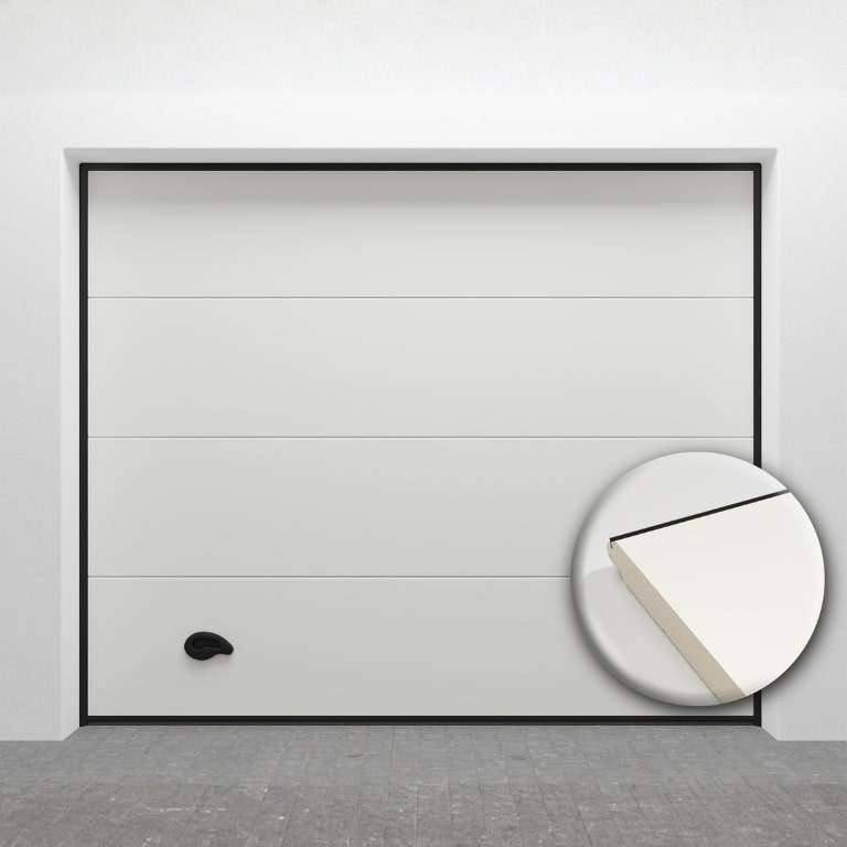 Porte de garage sectionnelle lisse en acier Blanc 9010 avec zoom sur matière