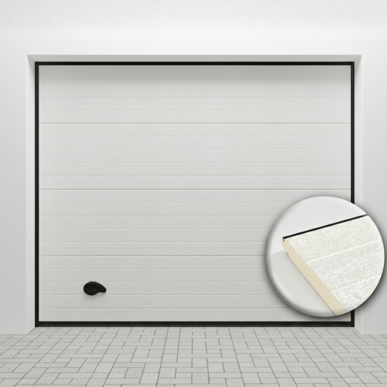 Porte de garage sectionnelle rainurée en acier Blanc 9010 avec zoom sur matière
