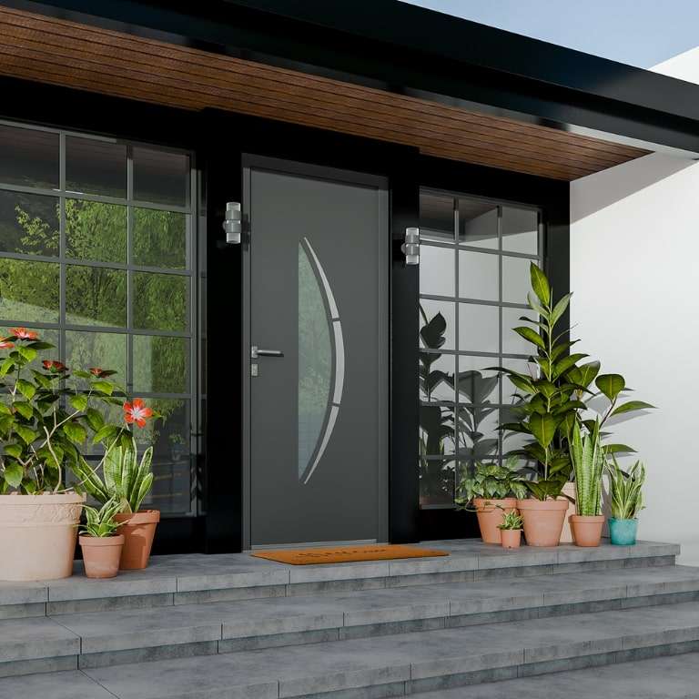 Porte d'entrée PVC gris 7016 1 vantail sur mesure avec partie vitrée vue depuis l'extérieur