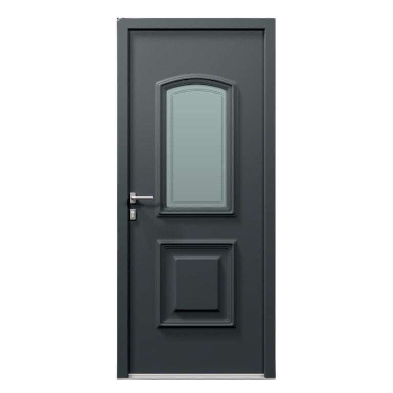 Porte d'entrée PVC gris 7016 1 vantail sur mesure avec moulures et partie vitrée