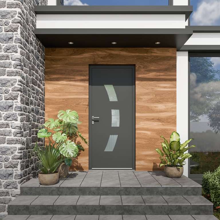 Porte d'entrée ALU gris 7016 1 vantail sur mesure avec 3 parties vitrées vue depuis l'extérieur