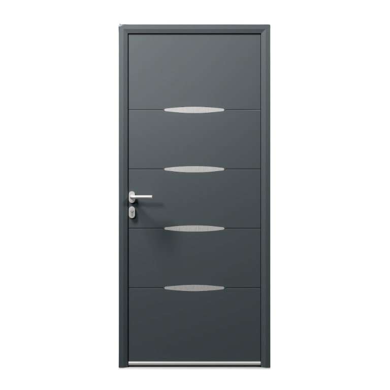Porte d'entrée ALU gris 7016 1 vantail sur mesure avec 4 profils de décors