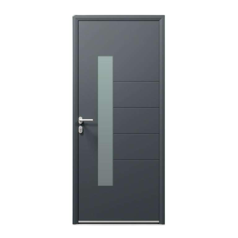 Porte d'entrée ALU gris 7016 1 vantail sur mesure avec partie vitrée et profils de décors