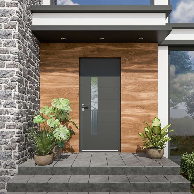 Porte d'entrée ALU gris 7016 1 vantail sur mesure avec partie vitrée et profils de décors vue depuis l'extérieur