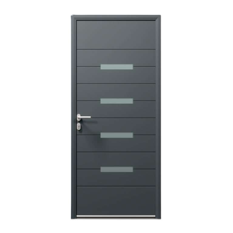 Porte d'entrée ALU gris 7016 1 vantail sur mesure avec 4 parties vitrées et profils de décors