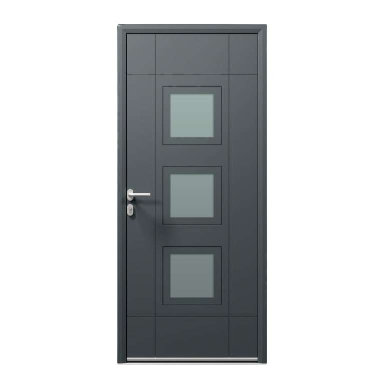 Porte d'entrée ALU gris 7016 1 vantail sur mesure avec 3 parties vitrées type hublot