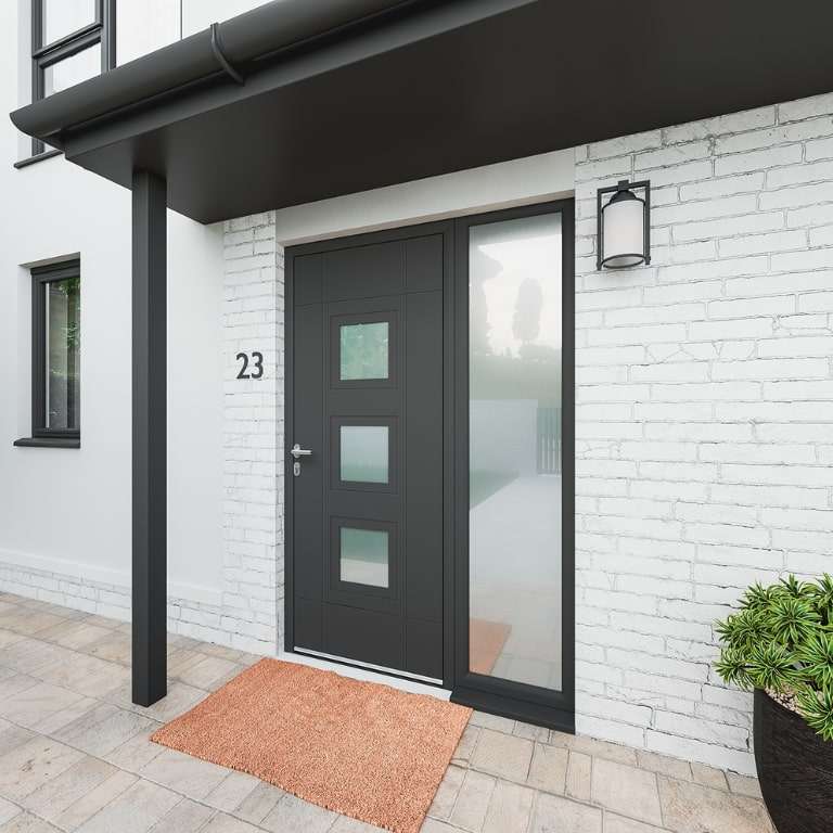 Porte d'entrée ALU gris 7016 1 vantail sur mesure avec 3 parties vitrées type hublot vue depuis l'extérieur