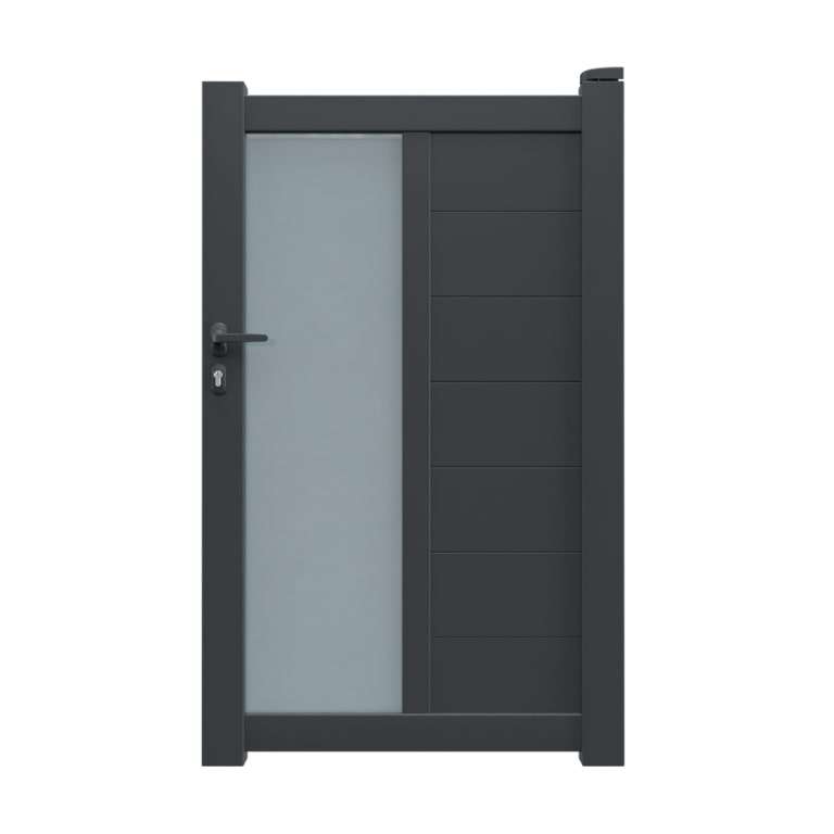 Portillon aluminium sur mesure gris 7016 avec lames de 20cm et profils de décors