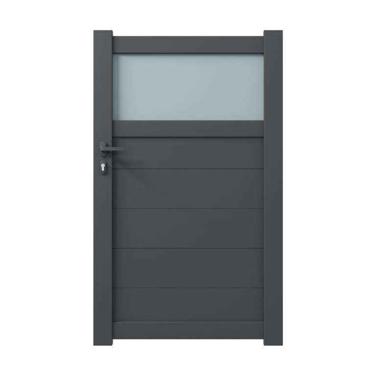 Portillon aluminium sur mesure gris 7016 avec lames de 20cm et partie haute vitrée