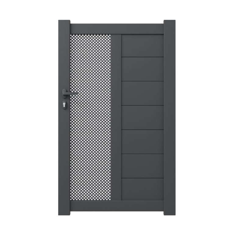Portillon aluminium sur mesure gris 7016 avec décor