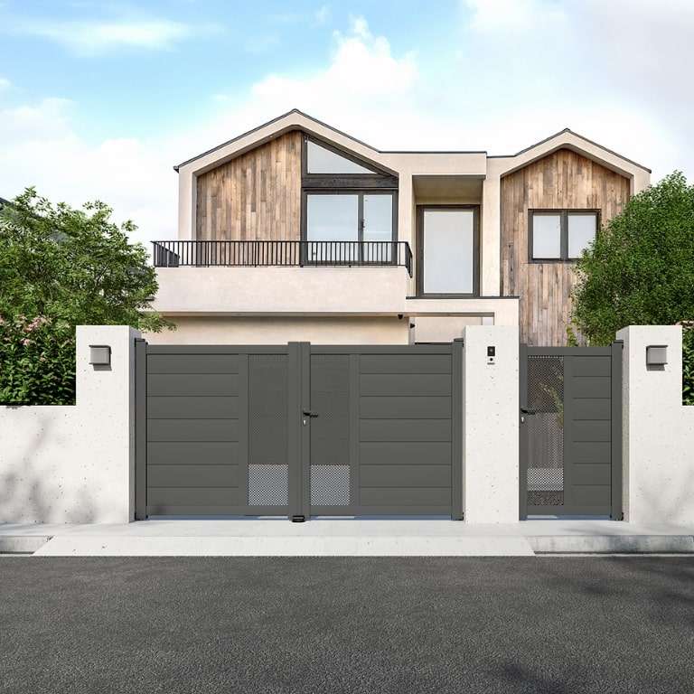 Portillon aluminium sur mesure gris 7016 avec décor vue depuis l'extérieur