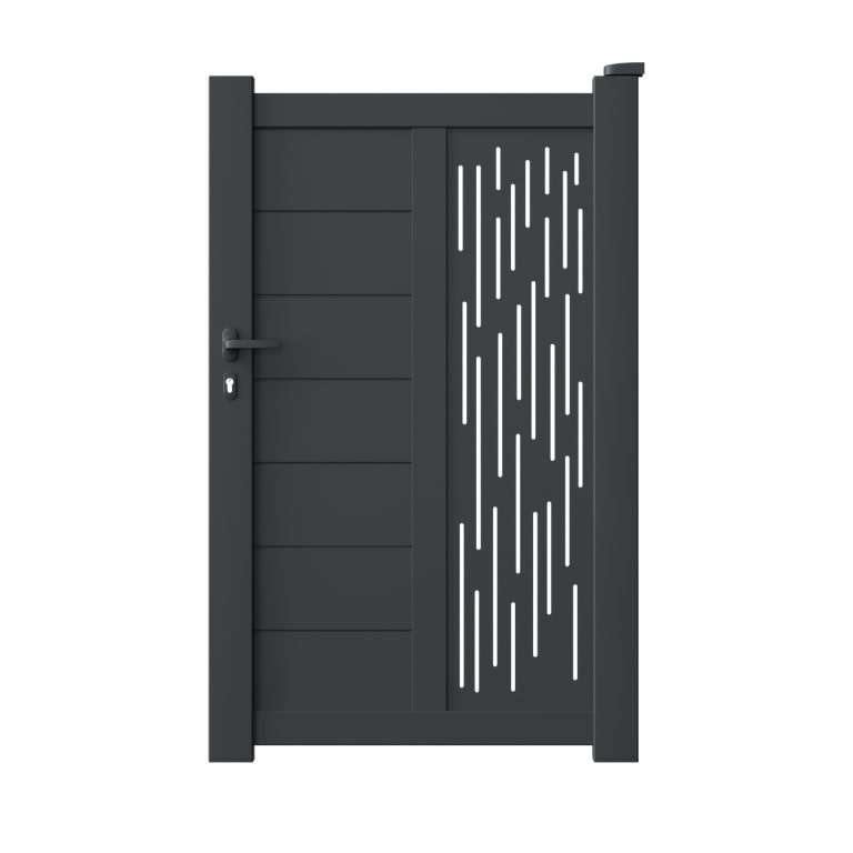 Portillon aluminium sur mesure gris 7016 avec lames de 20cm et profils de décors d'un coté
