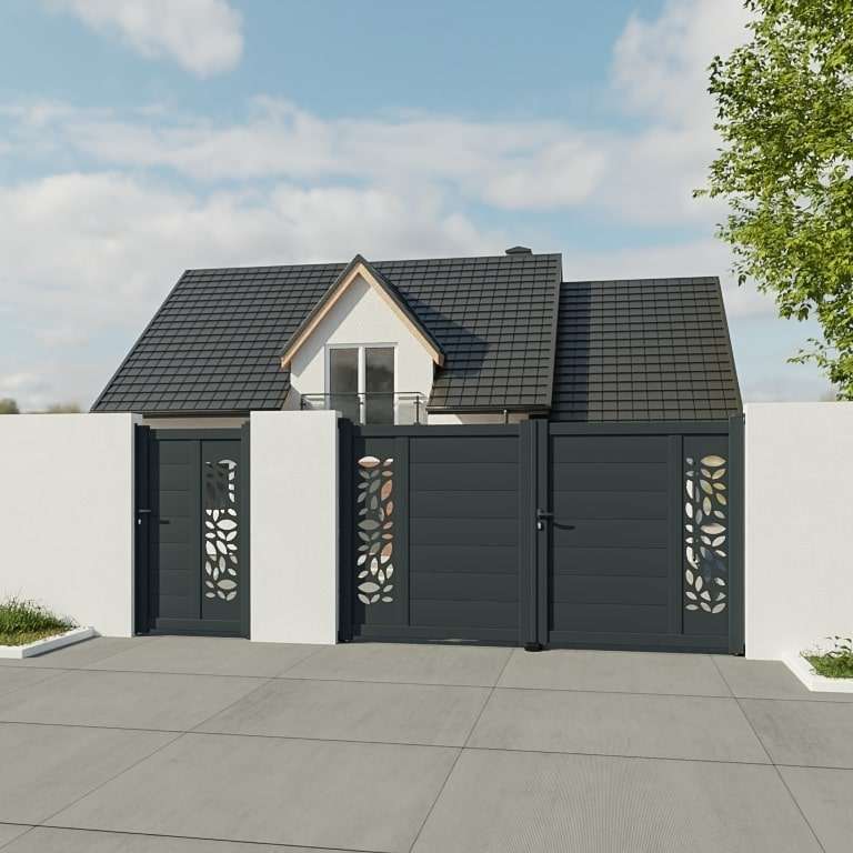 Portillon aluminium sur mesure gris 7016 avec lames de 20cm et profils de décors d'un coté vue depuis l'extérieur