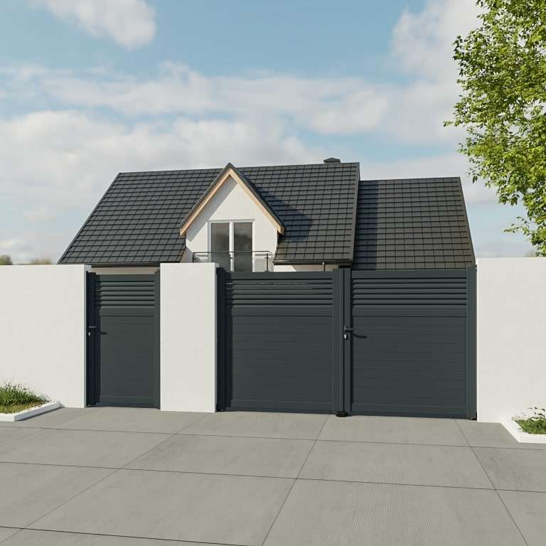 Portillon aluminium sur mesure gris 7016 avec lames de 10cm vue depuis l'extérieur