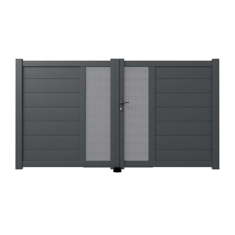 Portail aluminium battant sur mesure gris 7016 avec décor au centre