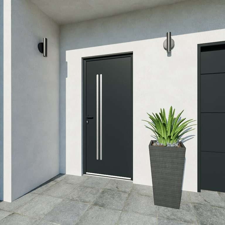 Porte d'entrée acier 1 vantail sur mesure gris 7016 avec 2 profils de décor vue depuis l'extérieur