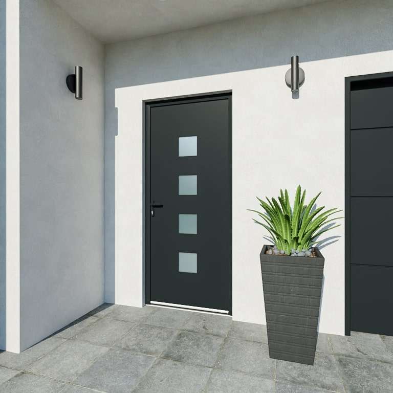 Porte d'entrée acier 1 vantail sur mesure gris 7016 avec 4 parties vitrées vue depuis l'extérieur