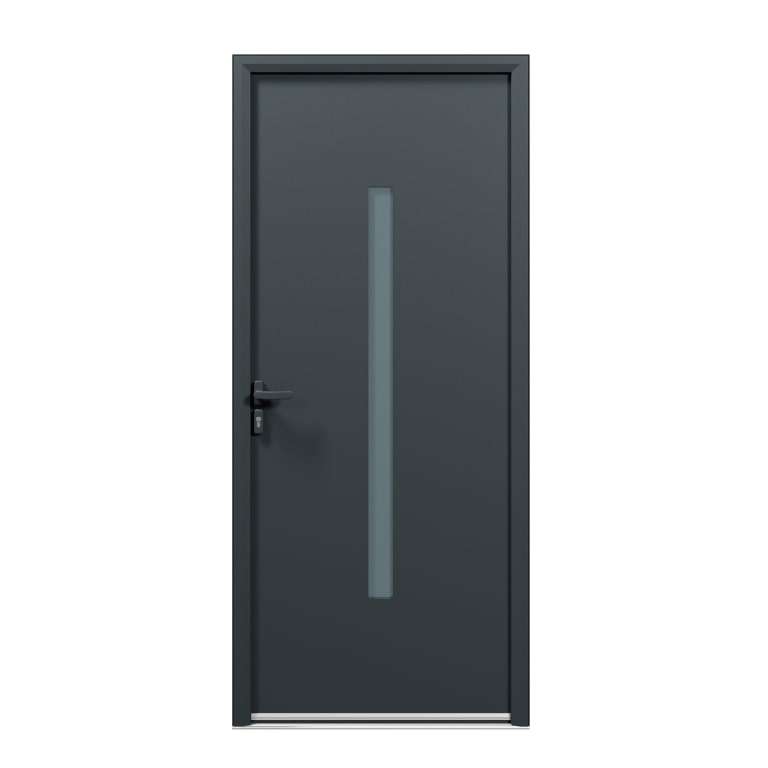 Porte d'entrée acier 1 vantail sur mesure gris 7016 avec une partie vitrée au centre