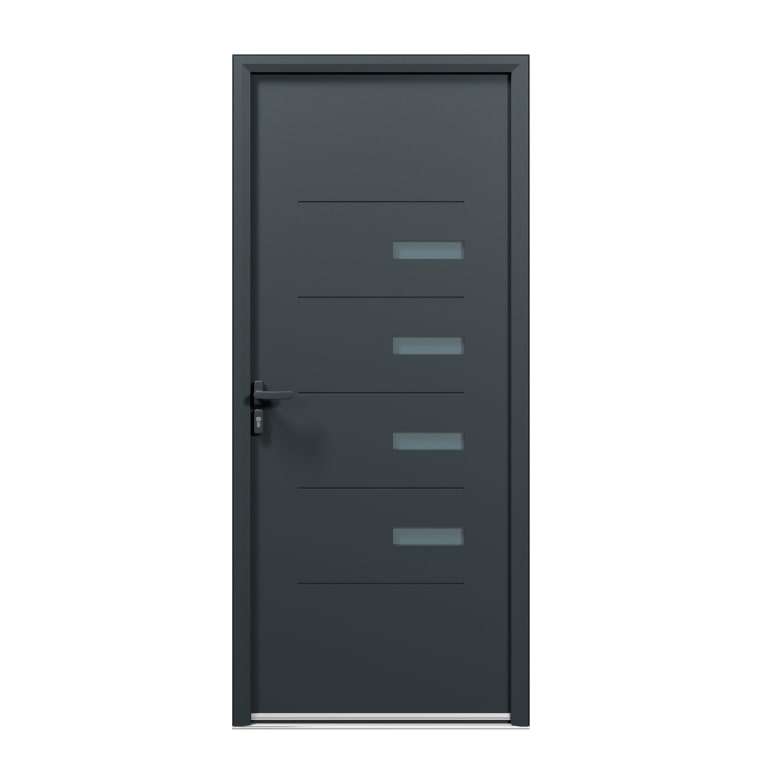 Porte d'entrée acier 1 vantail sur mesure gris 7016 avec parties vitrées et moulures