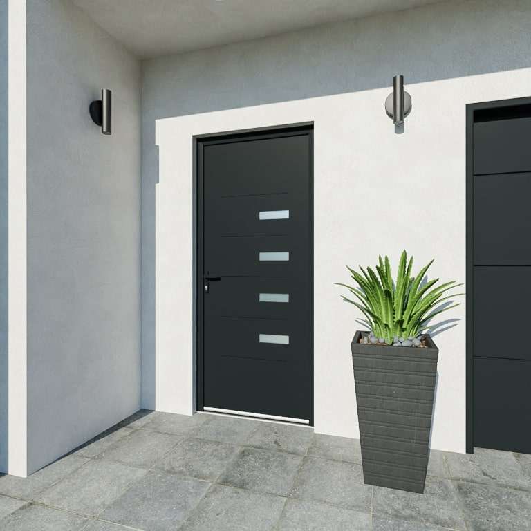 Porte d'entrée acier 1 vantail sur mesure gris 7016 avec parties vitrées et moulures vue depuis l'extérieur