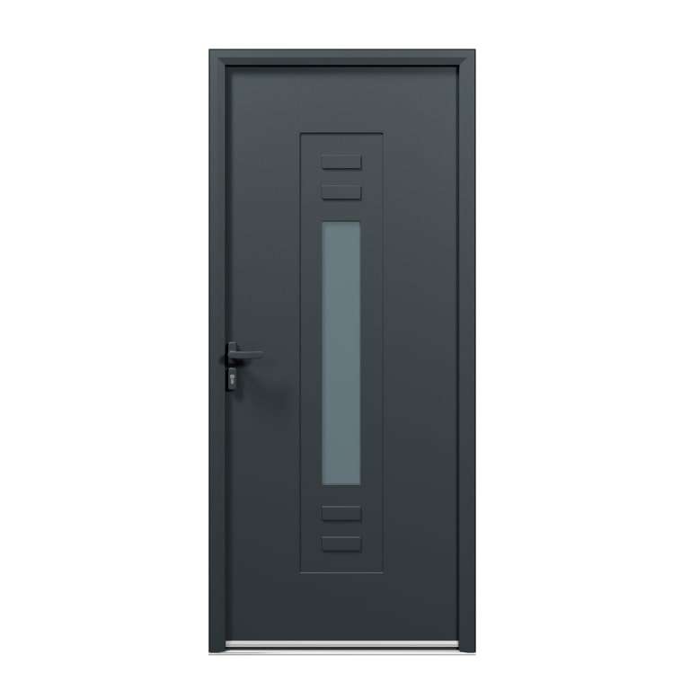 Porte d'entrée acier 1 vantail sur mesure gris 7016 avec une partie vitrée et moulures