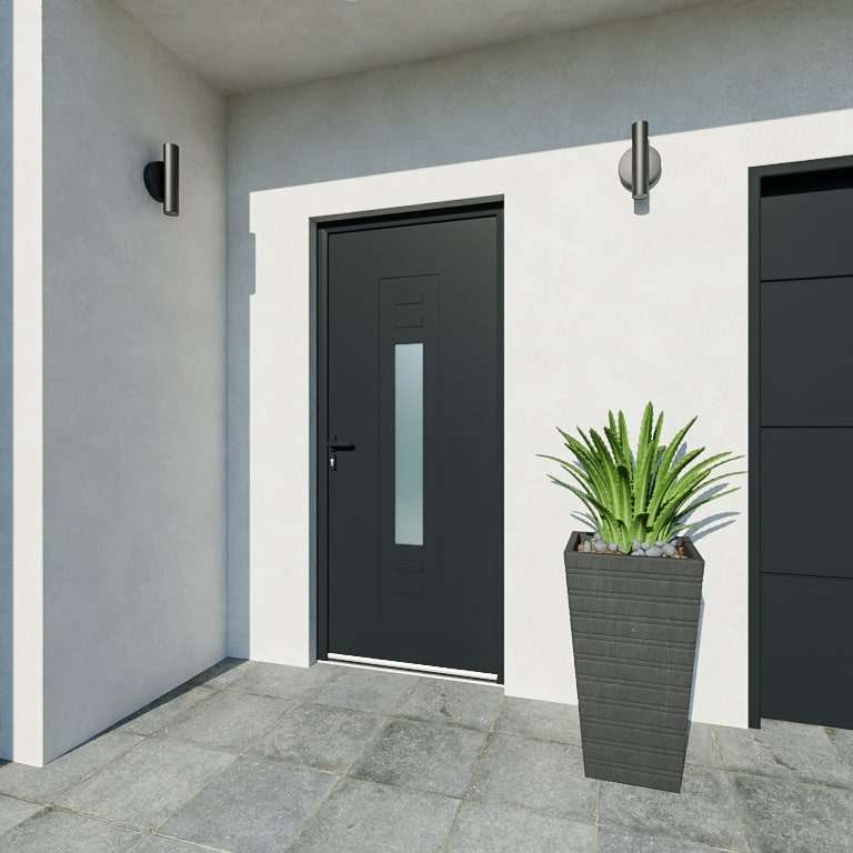 Porte d'entrée acier 1 vantail sur mesure gris 7016 avec une partie vitrée et moulures vue depuis l'extérieur