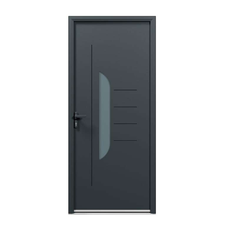 Porte d'entrée acier 1 vantail sur mesure gris 7016 avec une partie vitrée au centre et des moulures extérieures