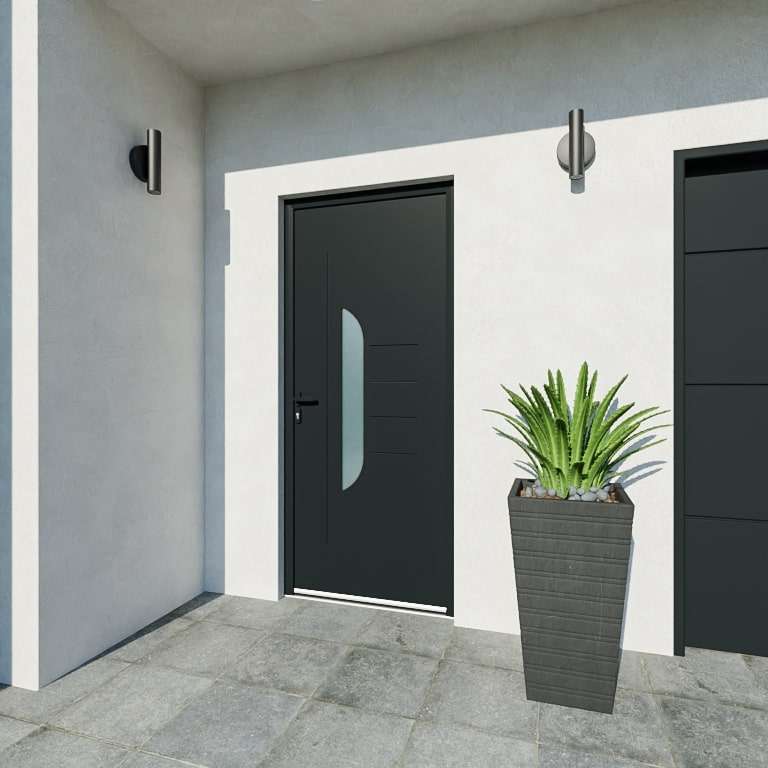 Porte d'entrée acier 1 vantail sur mesure gris 7016 avec une partie vitrée au centre et des moulures extérieures vue depuis l'extérieur