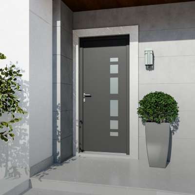 Porte d'entrée PVC gris 7016 1 vantail sur mesure avec plusieurs parties vitrées vue depuis l'extérieur