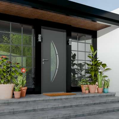 Porte d'entrée PVC gris 7016 1 vantail sur mesure avec partie vitrée vue depuis l'extérieur