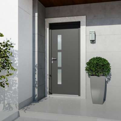 Porte d'entrée PVC gris 7016 1 vantail sur mesure avec 3 parties vitrées d'un coté vue depuis l'extérieur