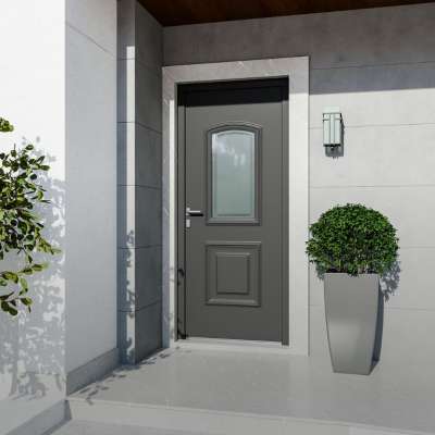 Porte d'entrée PVC gris 7016 1 vantail sur mesure avec moulures et partie vitrée vue depuis l'extérieur