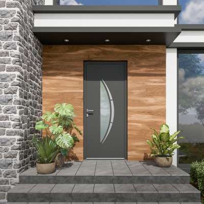 Porte d'entrée ALU gris 7016 1 vantail sur mesure avec partie vitrée vue depuis l'extérieur